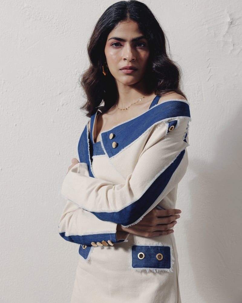 White and Blue Denim Knee-Length Dress with Jacket Set