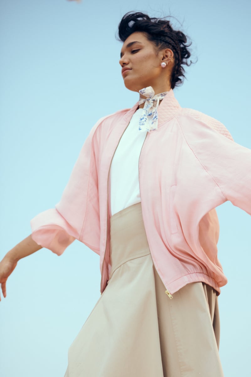 Blush Pink Sheer Bomber Jacket with Quilted Detail