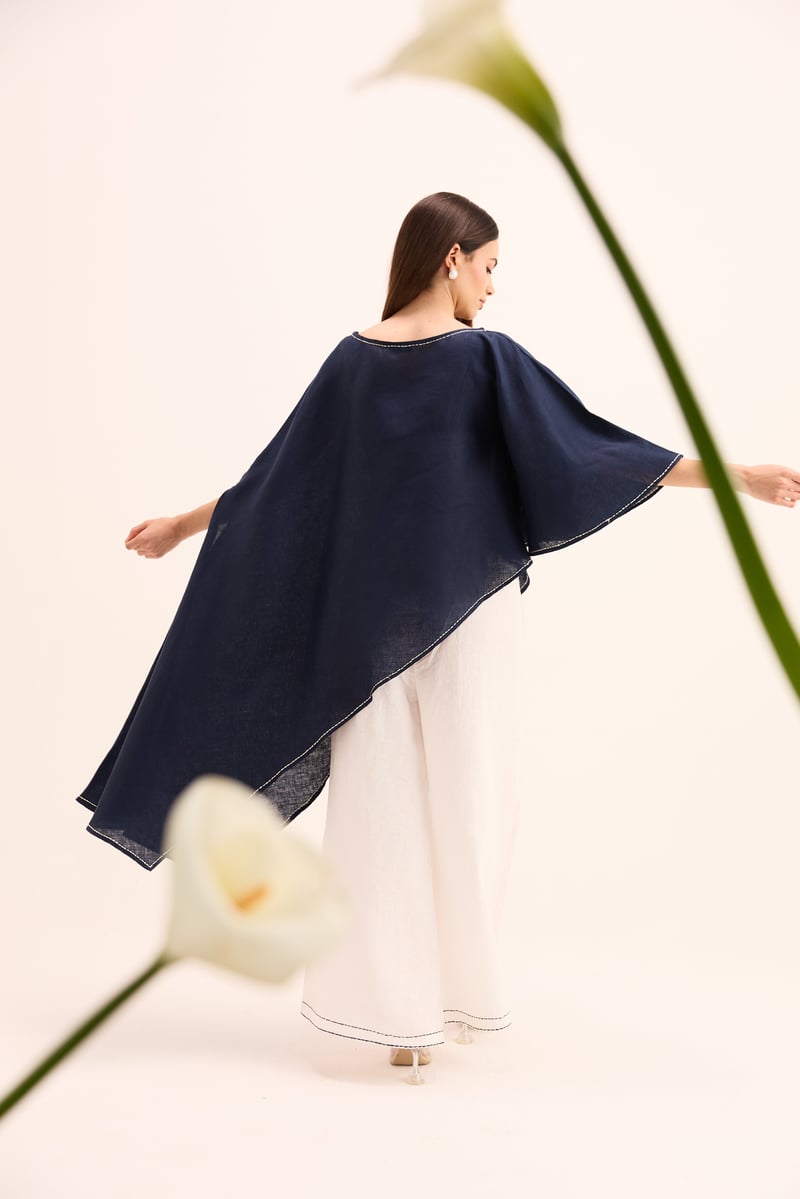 Blue Cape Top and White Linen Pants Co-ord Set