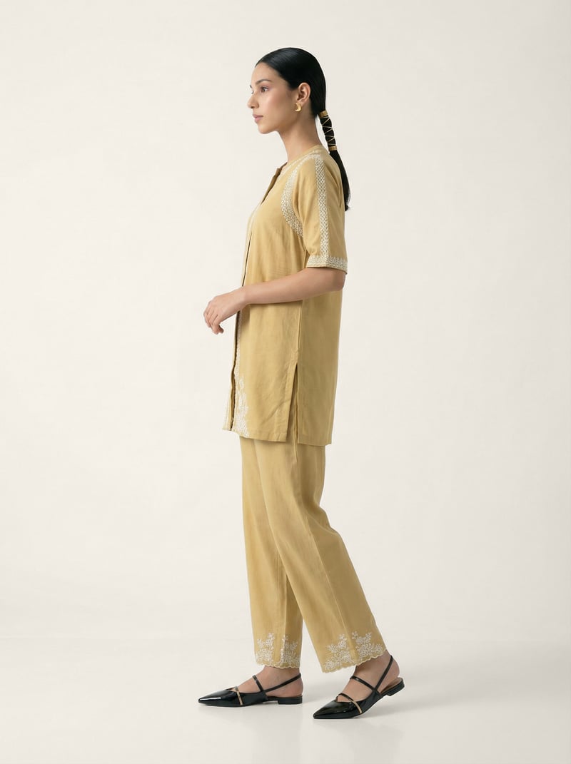 Beige Schiffli Embroidered Kurta and Pants Co-ord Set