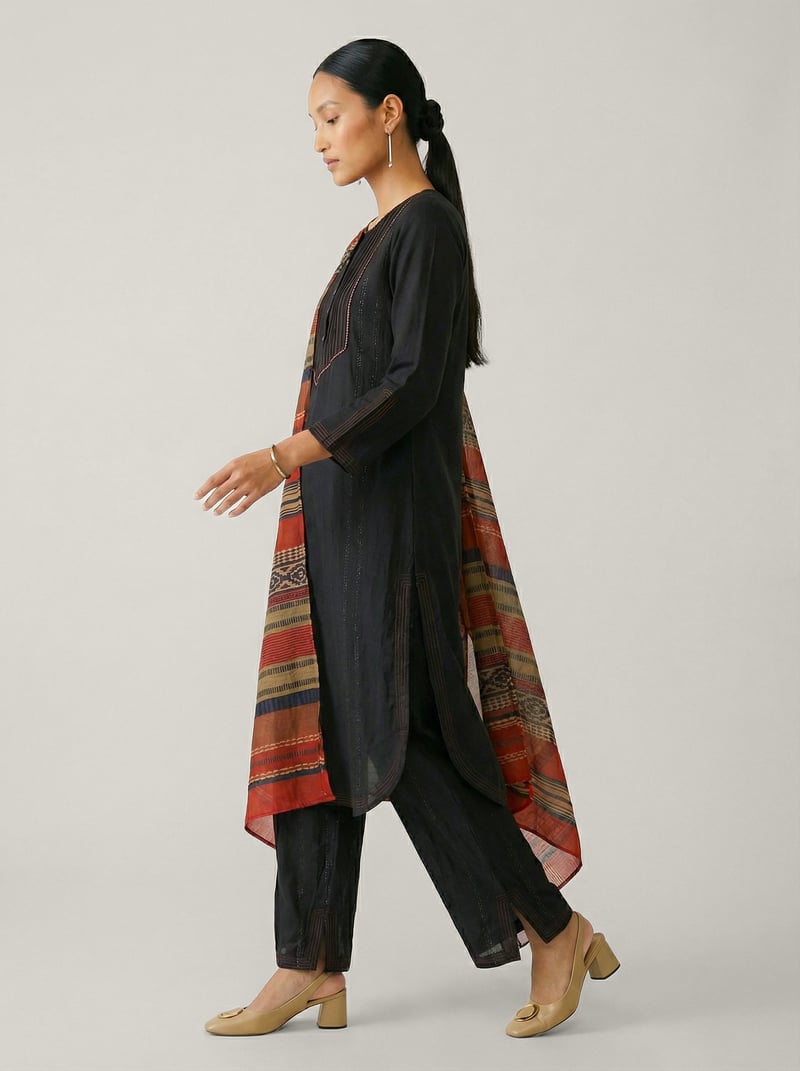 Black Straight Kurta Set with Pintuck Panel and Dupatta