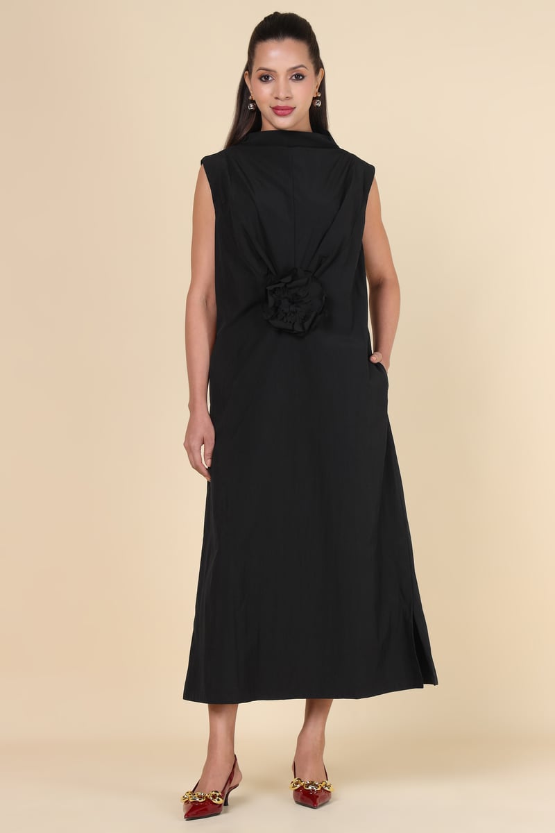Black High Neck Sleeveless Midi Dress with Waist Rosette