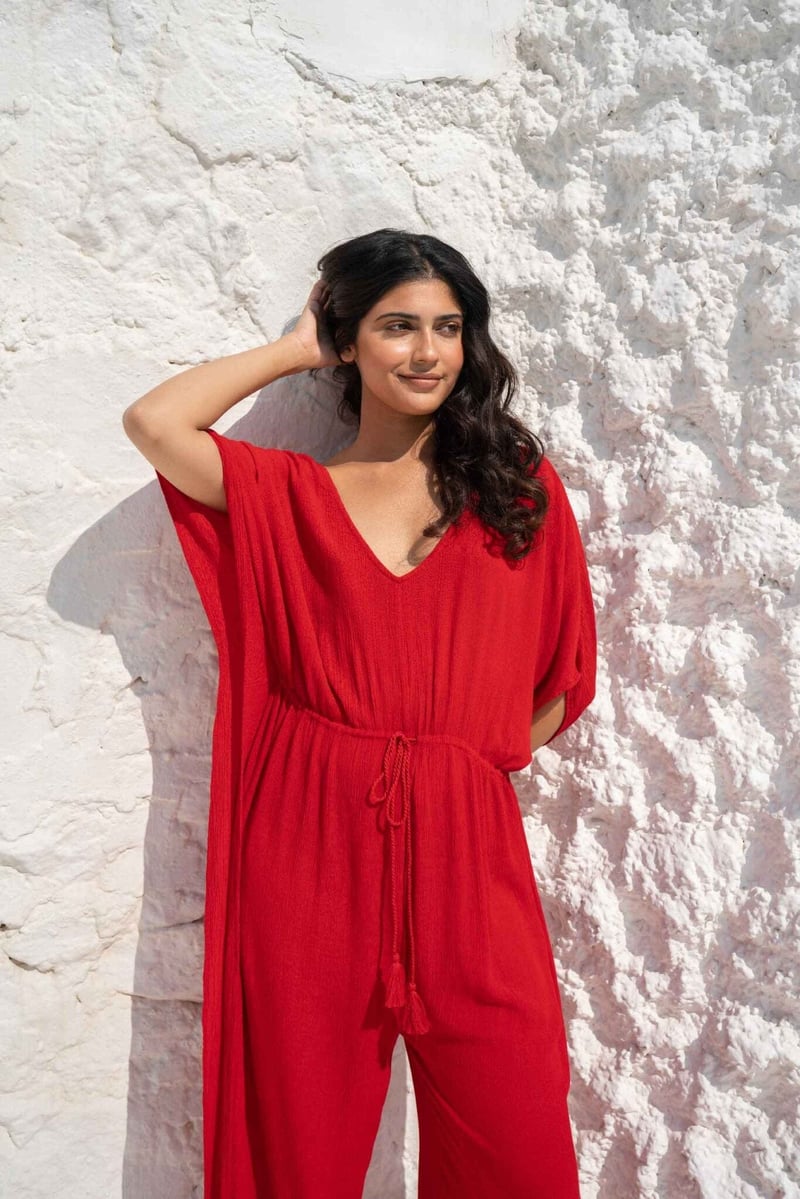 Red Kaftan-Style V-Neck Wide-Leg Jumpsuit