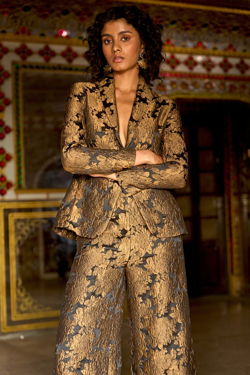 Gold/Black Floral Brocade Tailored Blazer