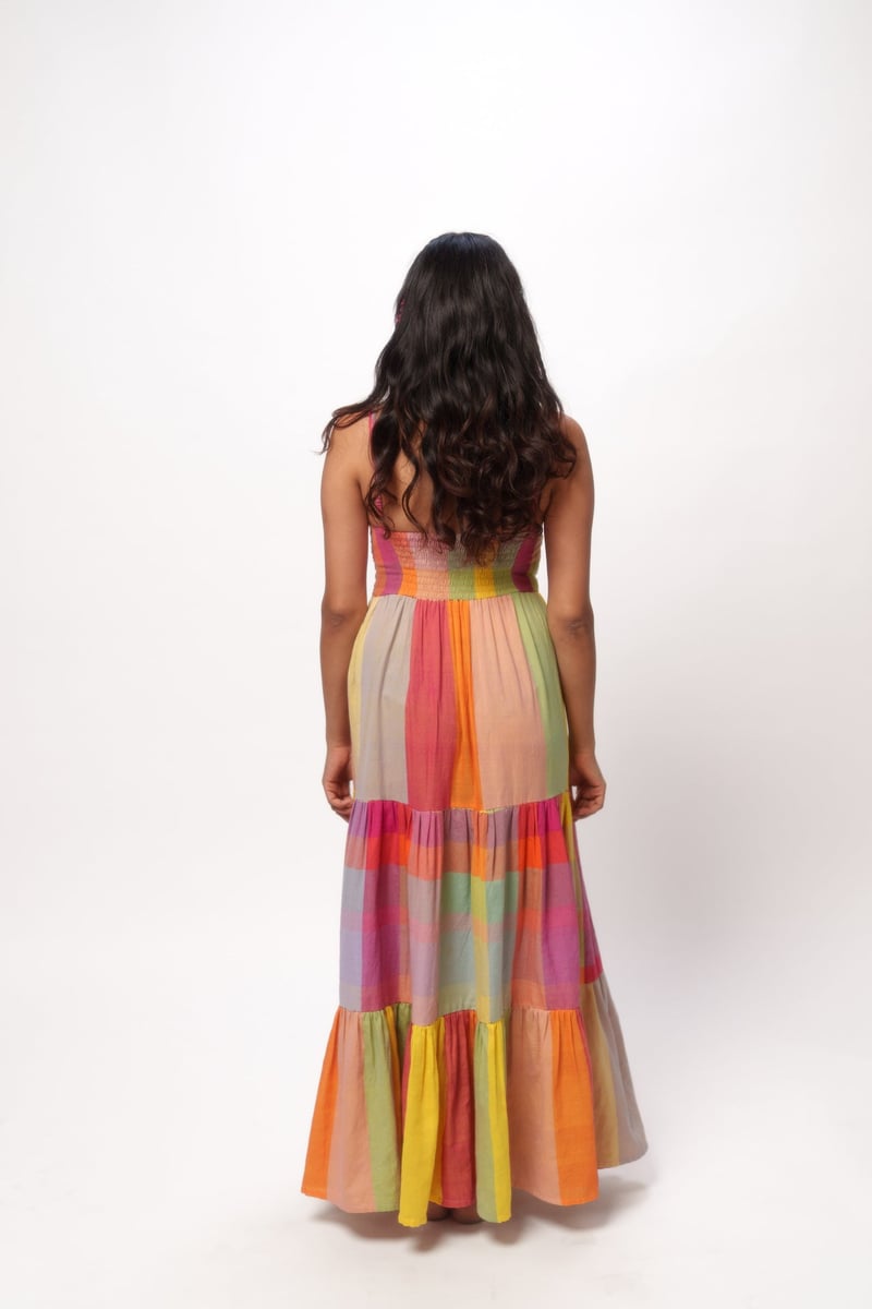 Multicolor Colorblocked Tiered Maxi Dress with Embroidery