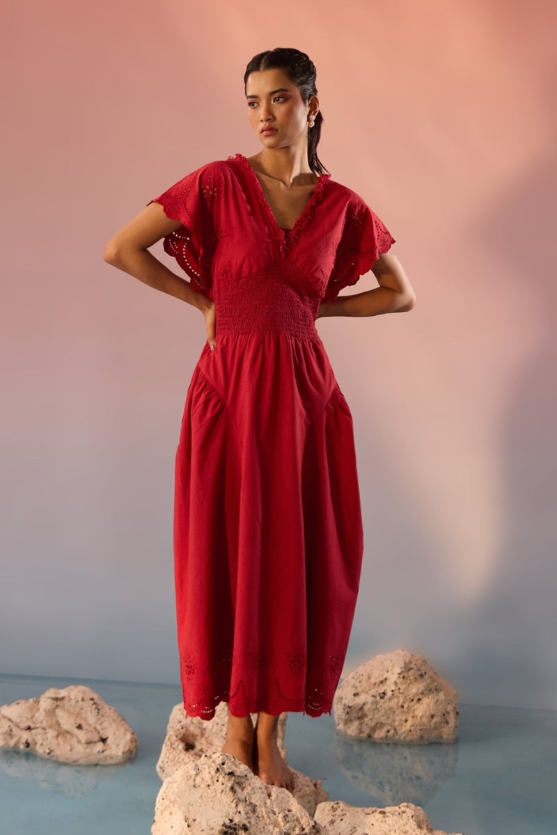 Red Cotton Schiffli V-Neck Smocked Waist Maxi Dress