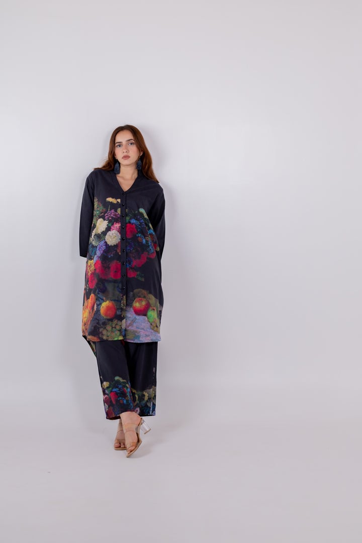 Black Printed Cambric Tunic and Pants Set