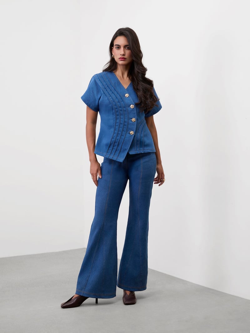 Medium Blue Asymmetrical Denim Wrap Top