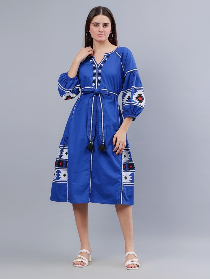 Blue Poplin Belted A-Line Midi Dress with Contrast Panels — Younglings