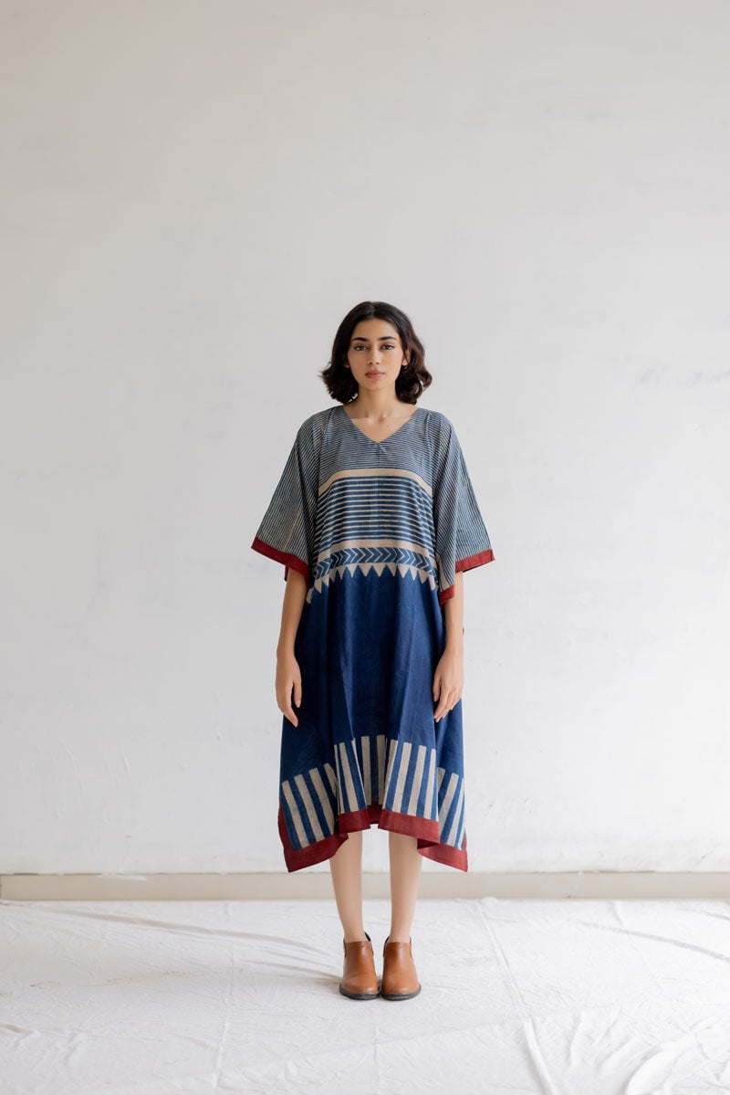 Multicolor Cotton Printed Midi Kaftan Dress