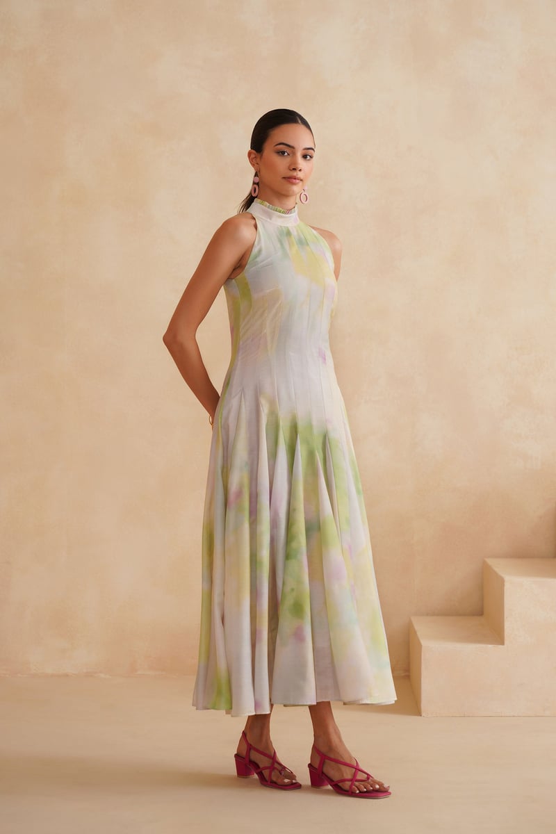 Mint Green Watercolor Print Halter Midi Dress