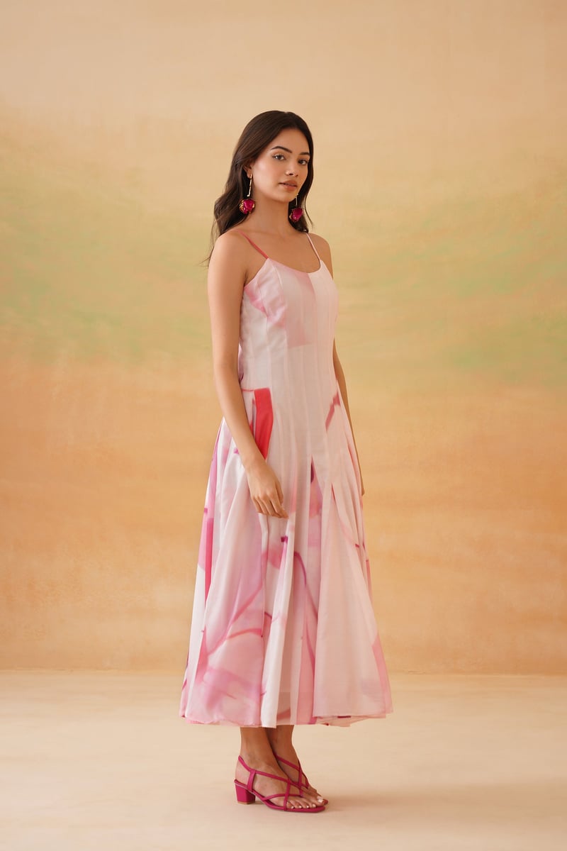 Baby Pink Abstract Floral Panelled Midi Dress
