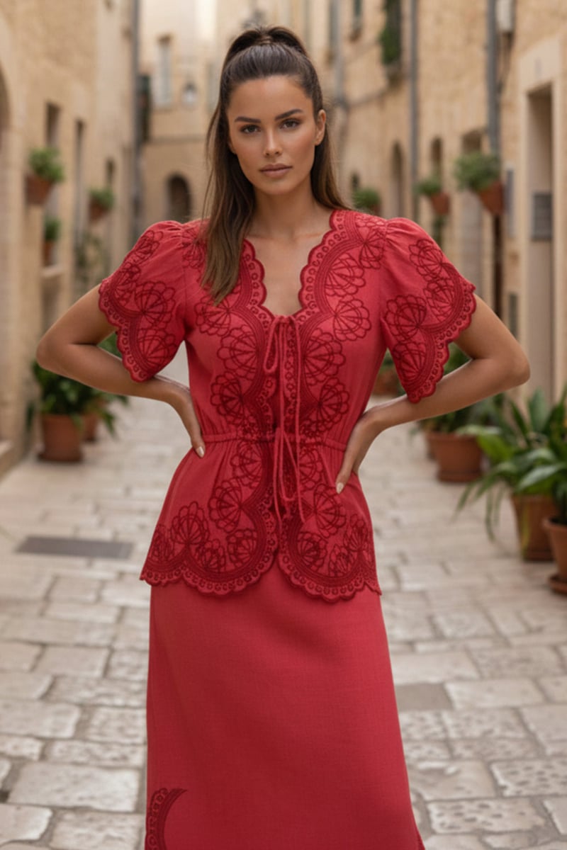 Pink Scallop Embroidered Top and Maxi Skirt Co-ord Set