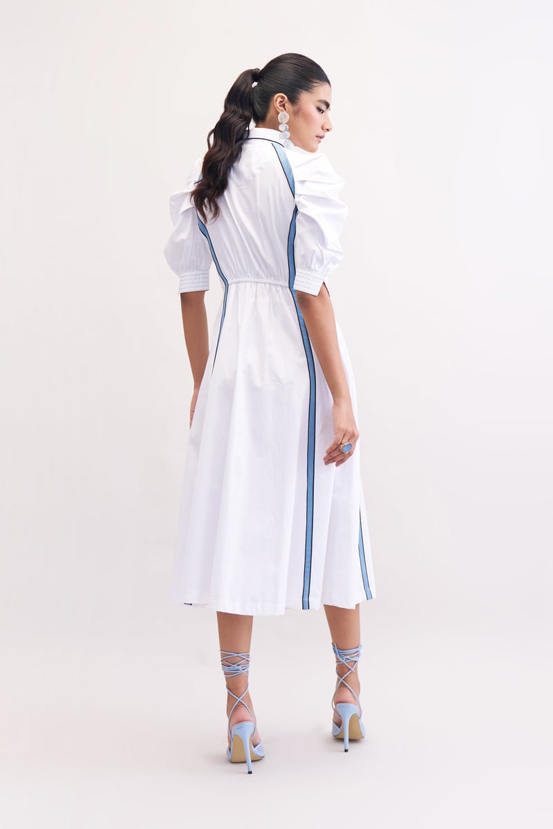 White Midi Shirt Dress with Blue Side Panels