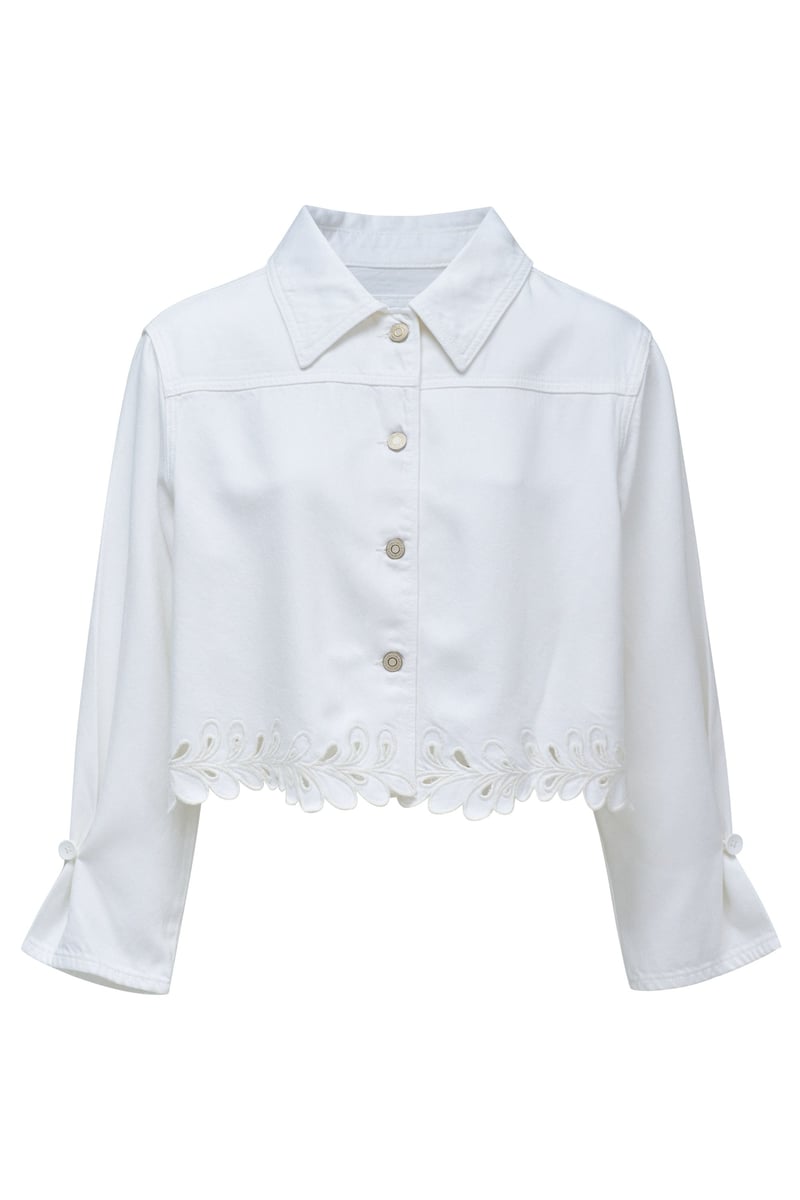 White Cropped Button-Front Jacket with Cutwork Hem
