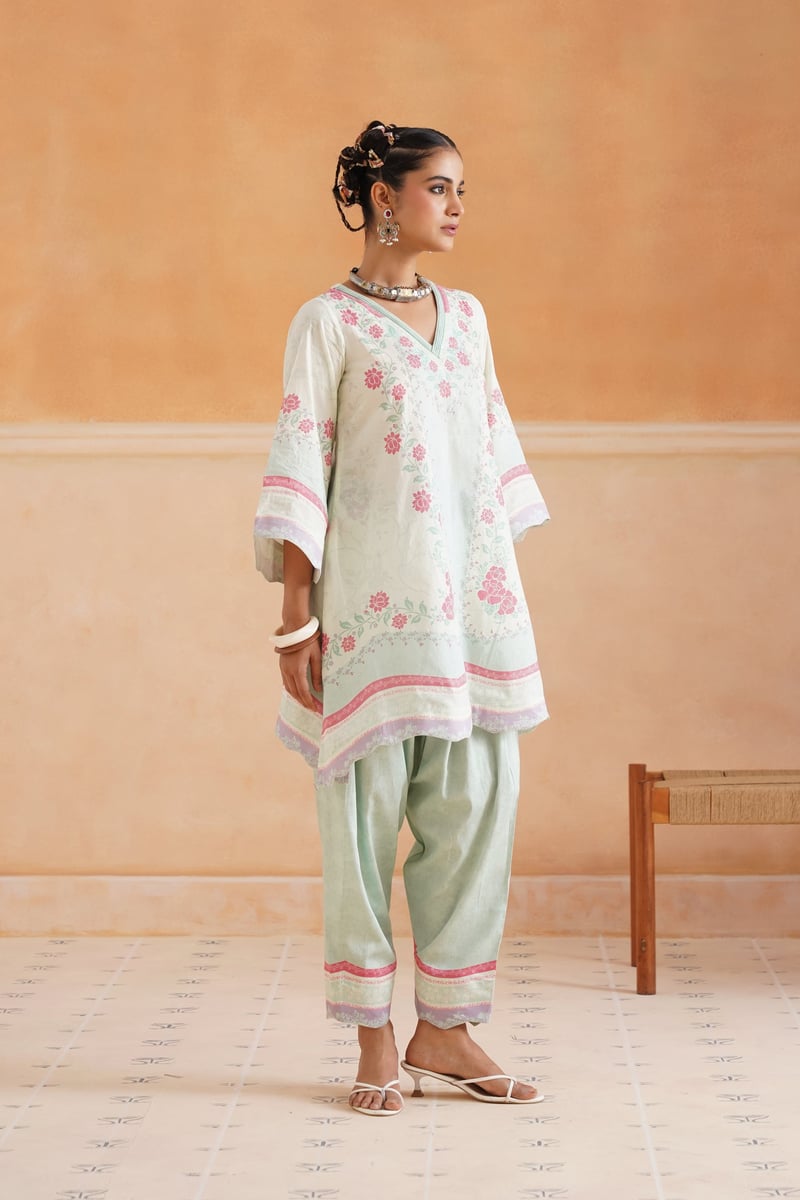 Mint Floral Printed Lawn Cotton 3-Piece Kurta Set