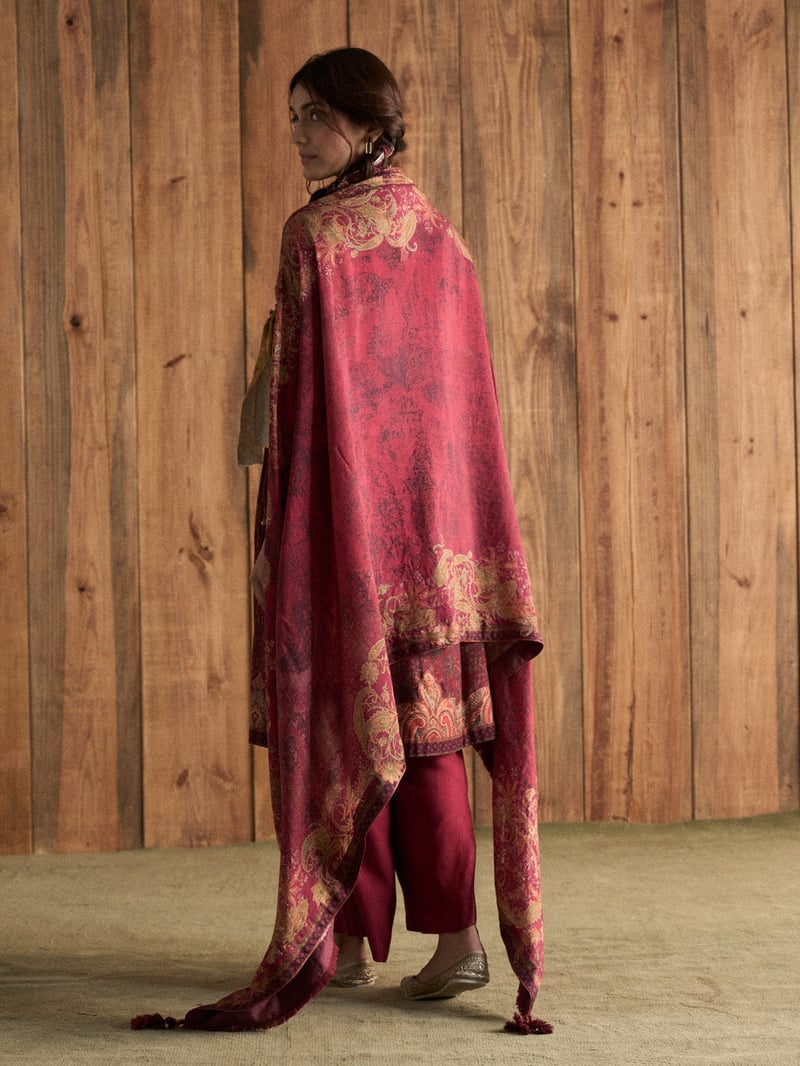 Maroon Printed Flared Kurta Set with Dupatta