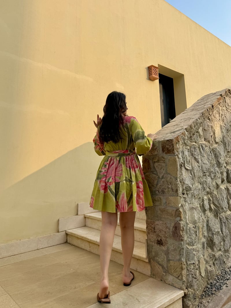 Olive/Pink Floral Mini Shirt Dress with Self Belt