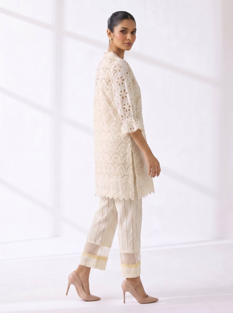 White Cotton Cutwork Embroidered Straight Kurta Set