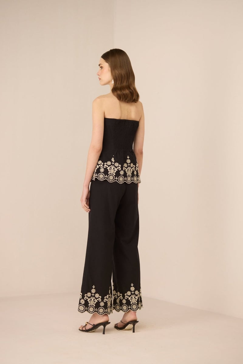 Black Wide-Leg Trousers with Embroidered Scallop Hem