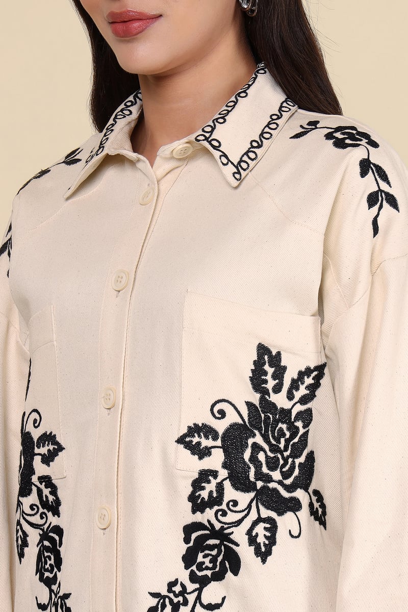 Natural Ivory Button-Down Shirt with Black Floral Motifs