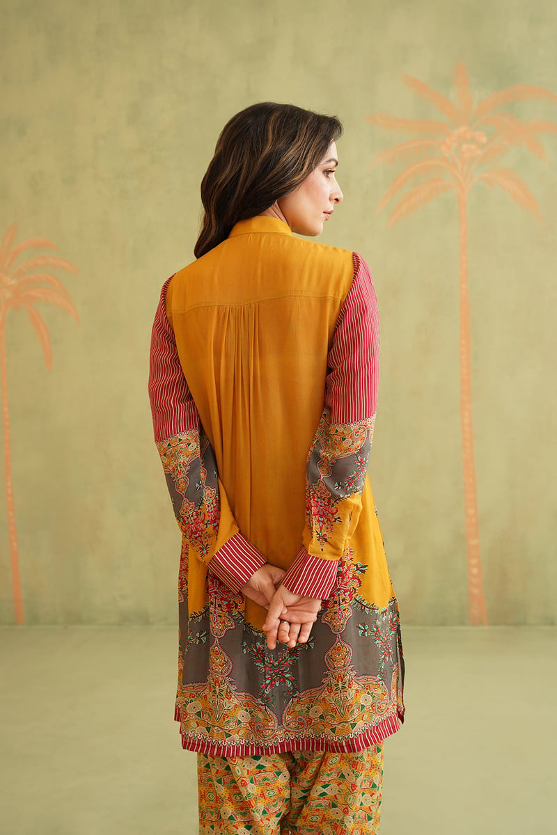 Yellow Printed Bemberg Crepe Kurta Co-ord Set