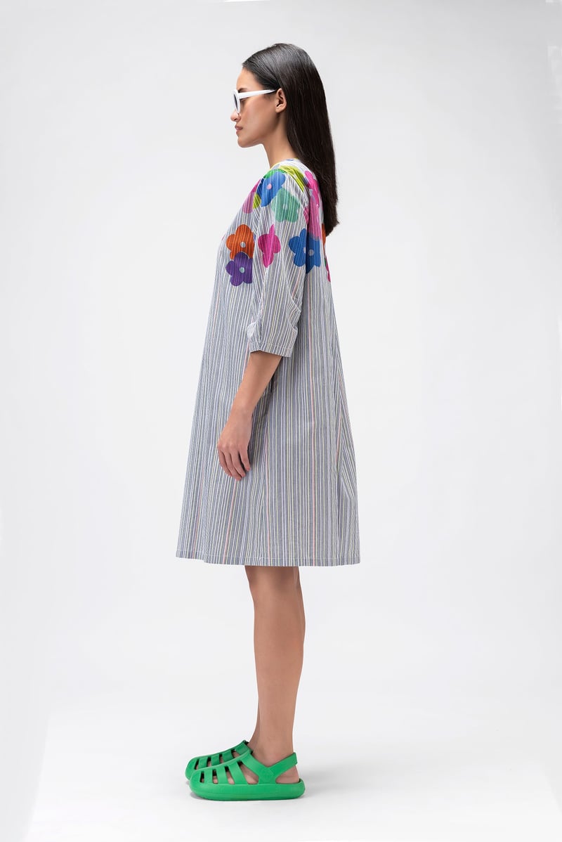 Multicolor Stripe and Floral A-Line Knee-Length Dress