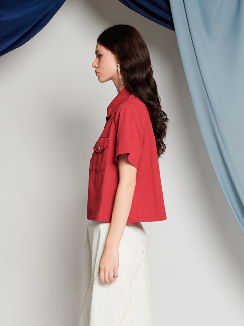 Red Textured Cotton Boxy Utility Shirt