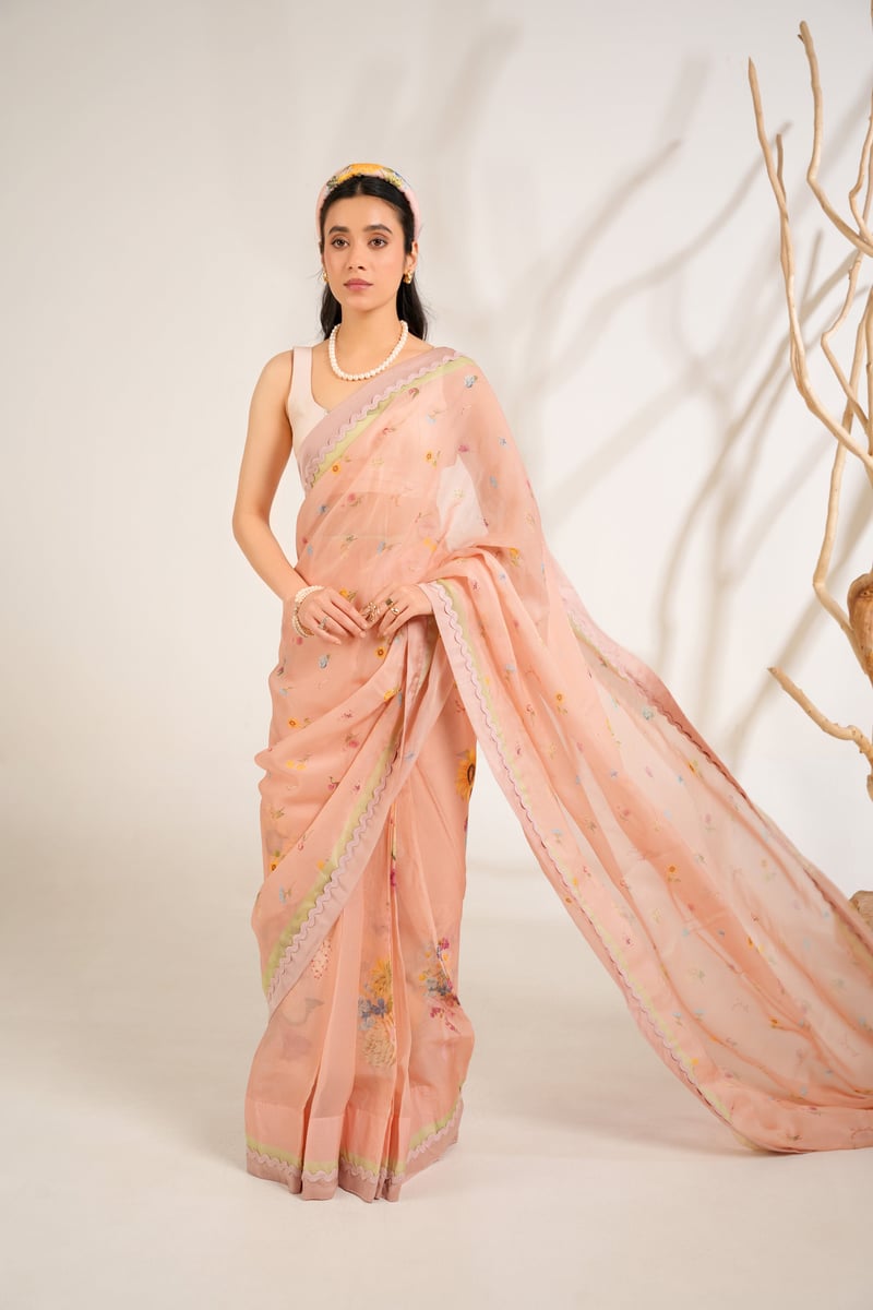 Blush Organza Floral Print Saree Set with Blouse Fabric