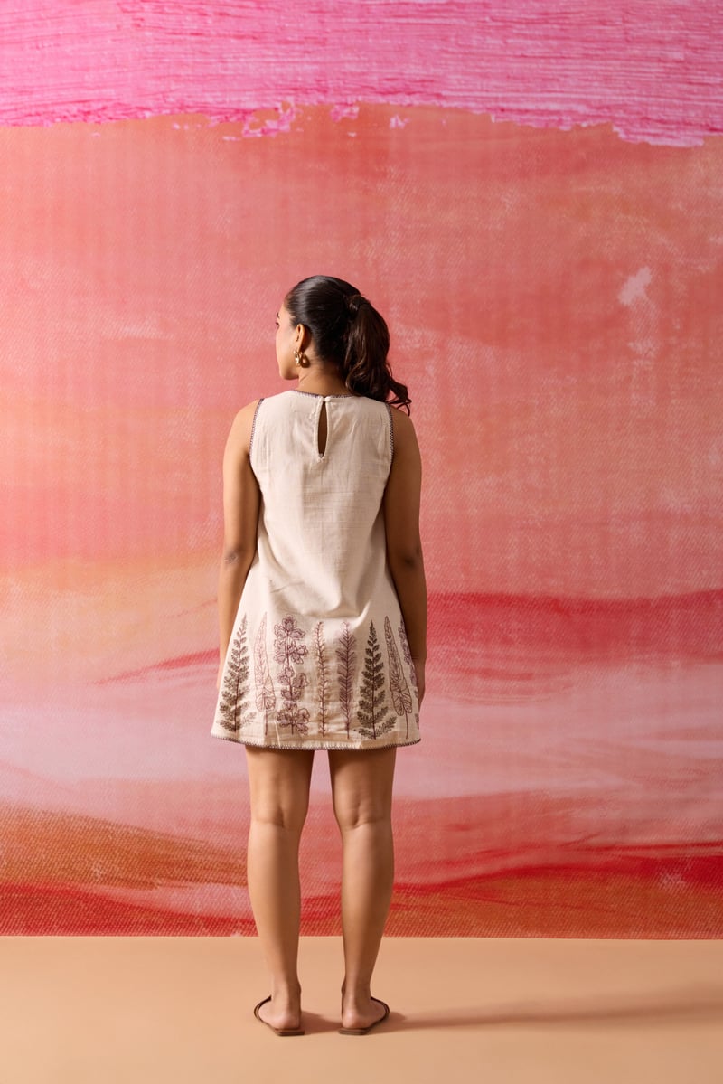 Cream Cotton Flex A-Line Embroidered Mini Dress