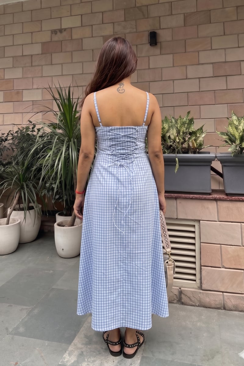 Blue Gingham Square Neck Fit and Flare Midi Dress