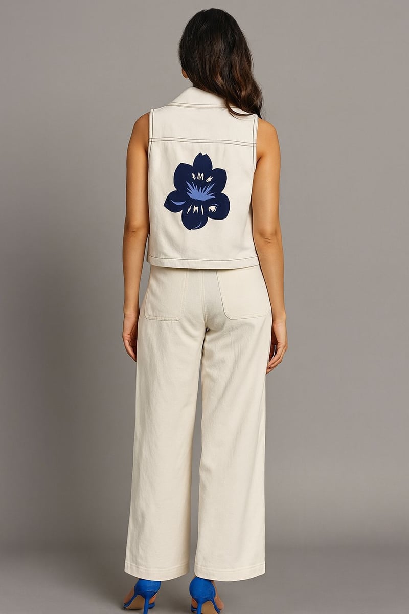 White Twill Zipper Jacket and Flared Pants Co-ord Set