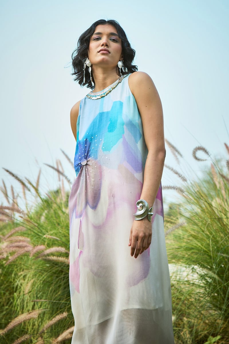 Off-White and Blue Ombre Printed Chiffon Maxi Dress
