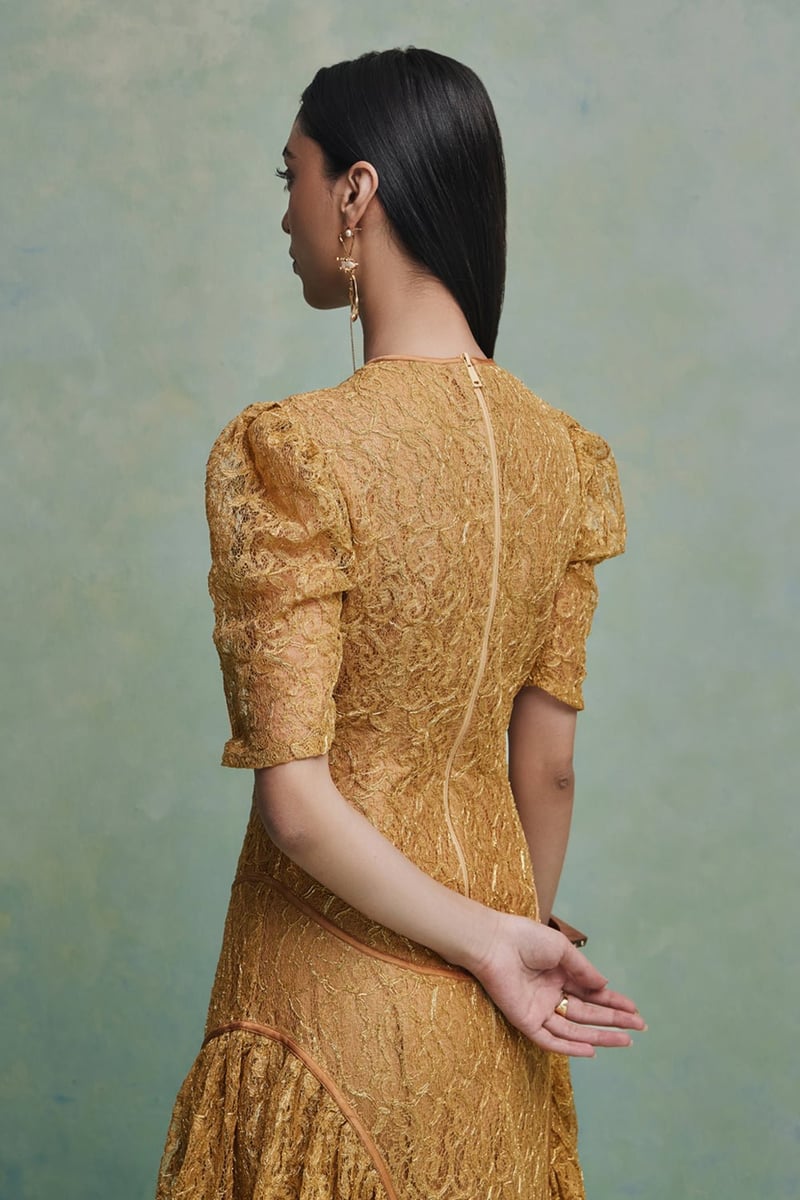 Yellow Chantilly Lace Basque-Waist Maxi Dress