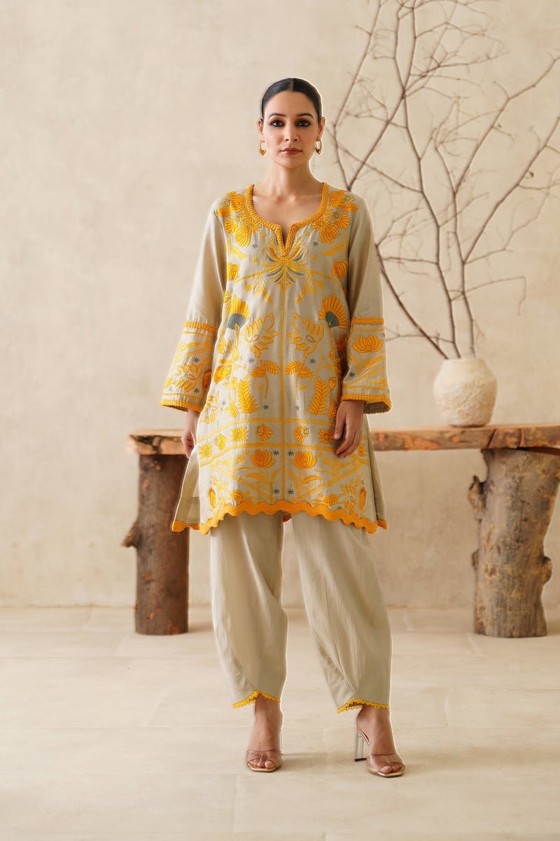 Beige Chanderi Embroidered Kurta Co-ord Set