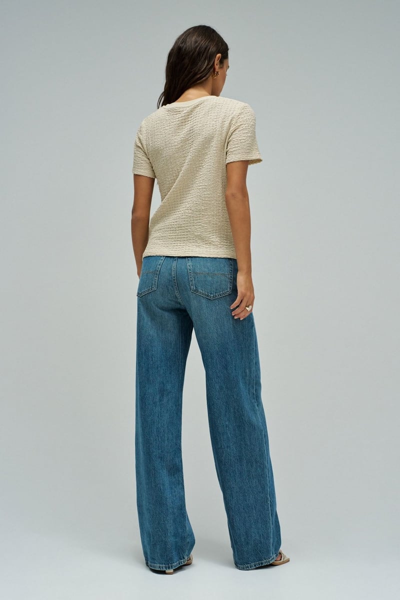 Textured Beige Round-Neck Knot-Front T-Shirt