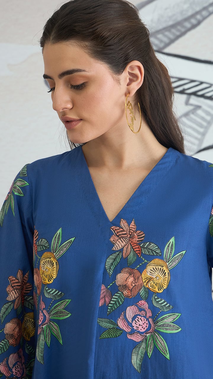 Blue Cotton Floral V-Neck A-Line Midi Dress