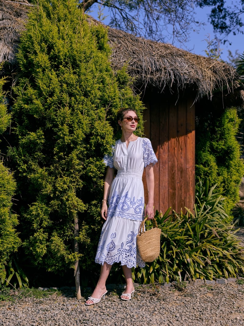 White and Blue Cutwork Tiered Cotton Midi Dress