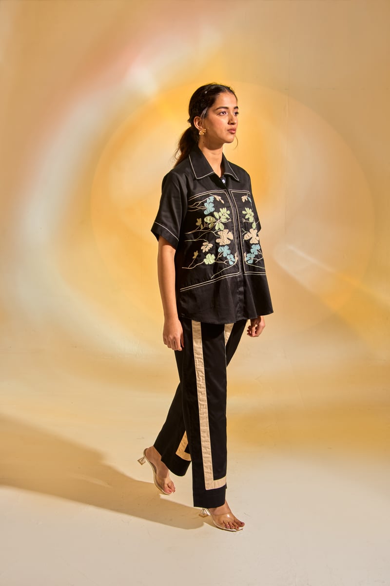 Black Cotton Satin Patchwork Embroidered Co-ord Set — An'era by Asmita Verma