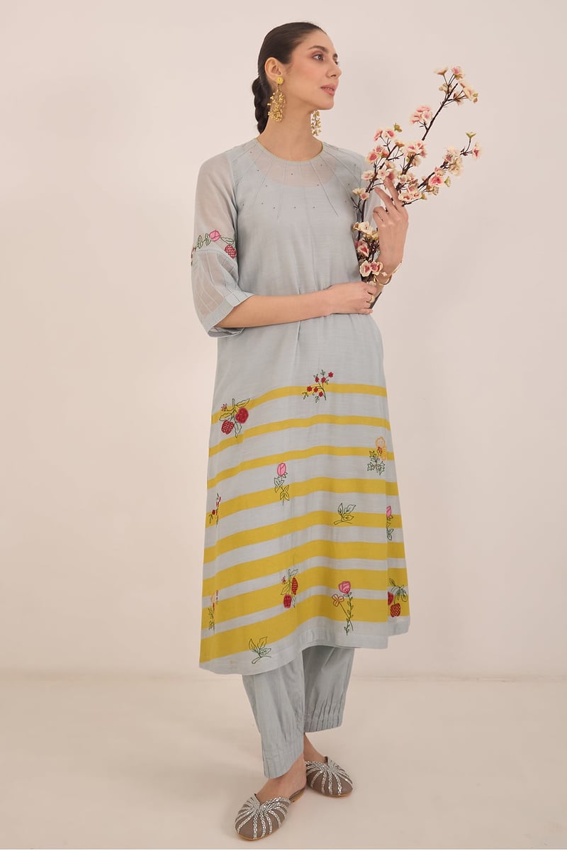 Powder Blue Chanderi Striped Embroidered Kurta Set