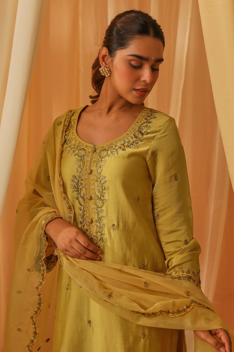 Yellow Chanderi Embroidered Kurta Pant Set with Dupatta