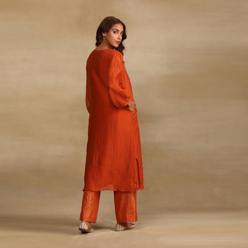 Burnt Orange Hand Embroidered Silk Chanderi Kurta Set