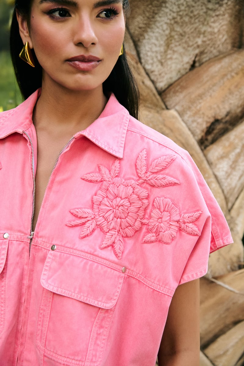 Pink Denim Embroidered Co-ord Set with Zip-Front Top