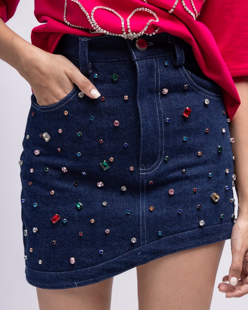 Dark Blue Rhinestone Asymmetric Denim Mini Skirt