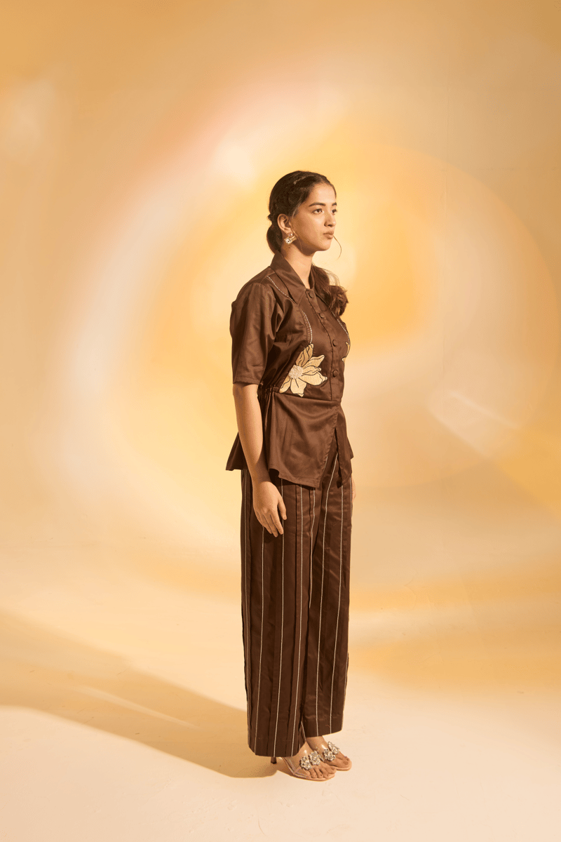 Brown Cotton Satin Embroidered Shirt and Pants Co-ord Set