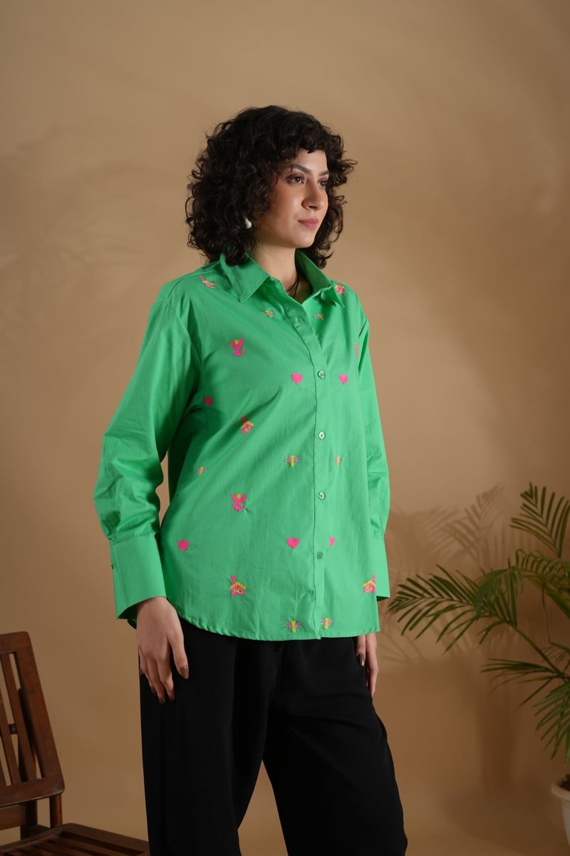Green Oversized Embroidered Cotton Shirt