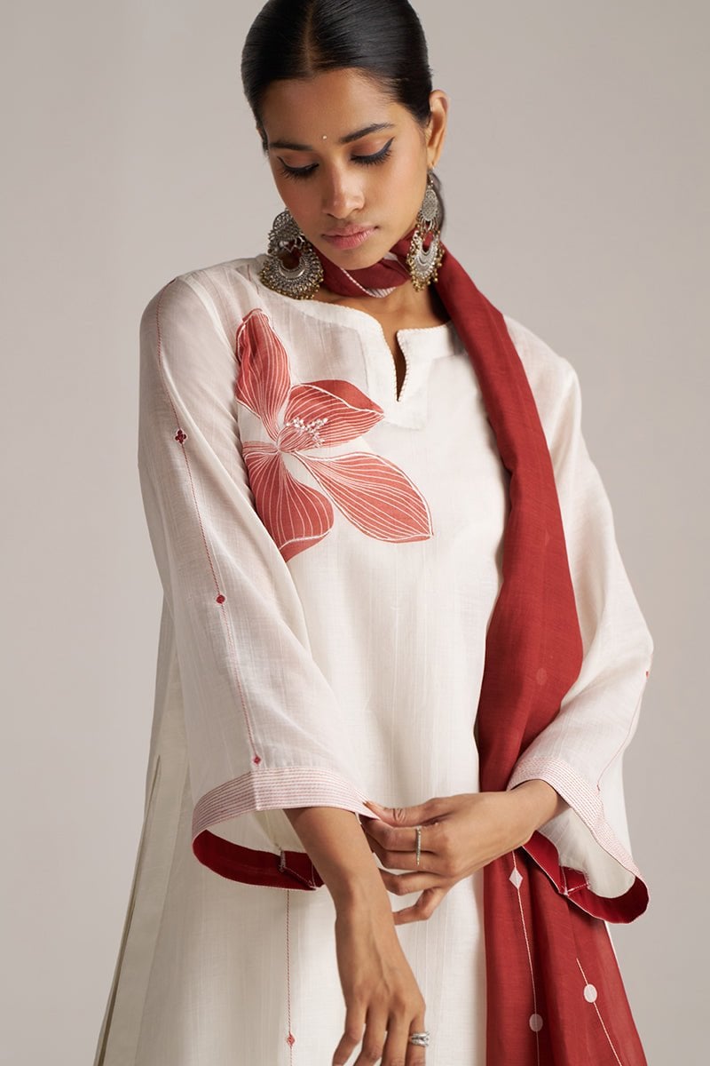 Ivory and Maroon Printed Chanderi Kurta Set with Stole