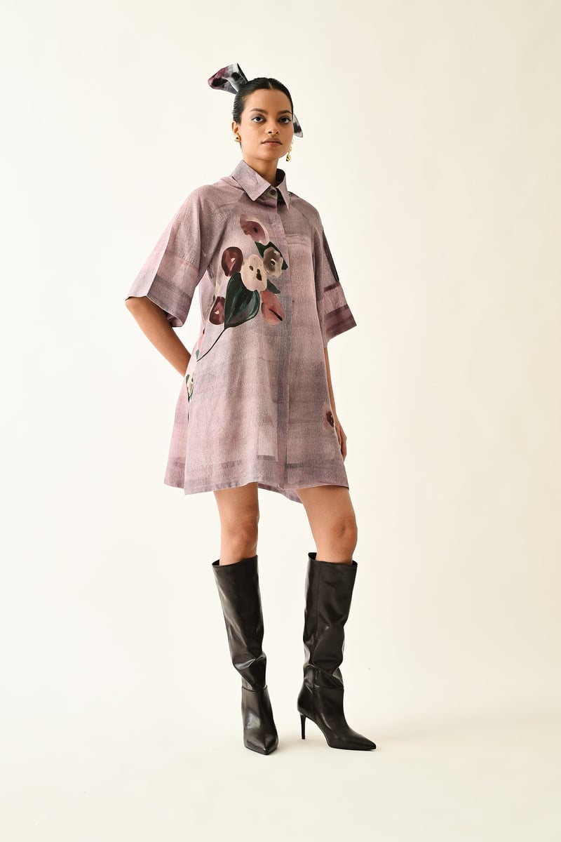 Lilac Abstract Print Mini Shirt Dress