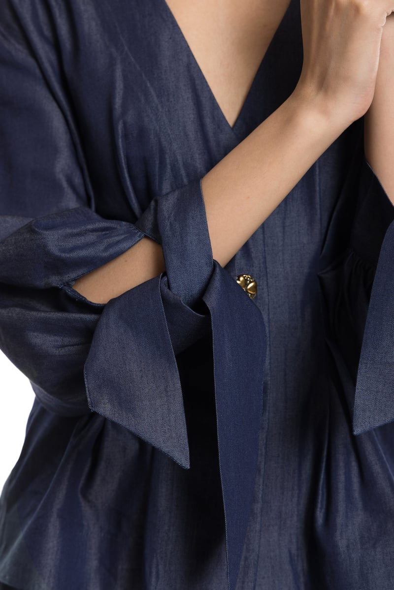 Denim Blue V-Neck Peplum Top with Bishop Sleeves