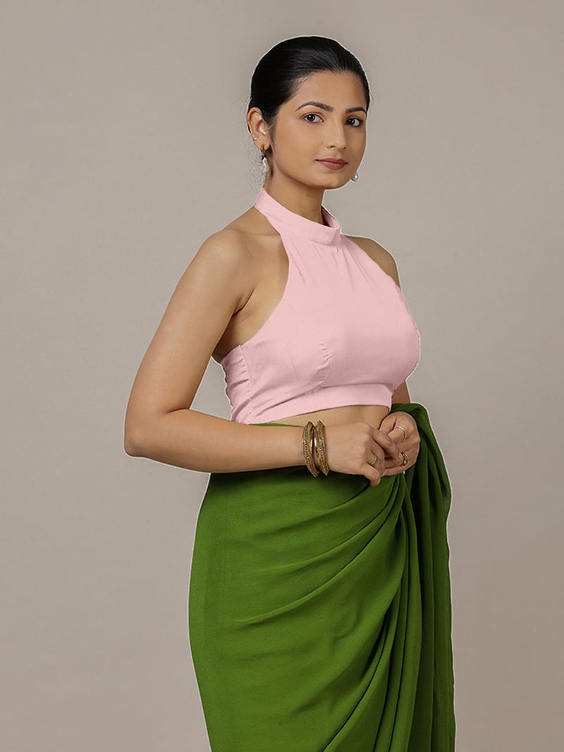 Baby Pink Halter Neck Sleeveless Saree Blouse